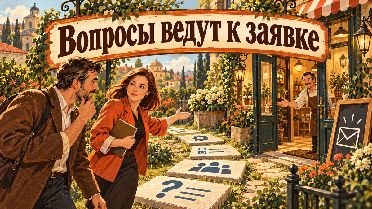 Квиз на&nbsp;сайте: когда помогает получить заявку, а&nbsp;когда мешает&nbsp;— иллюстрация с&nbsp;надписью «Вопросы ведут к&nbsp;заявке»