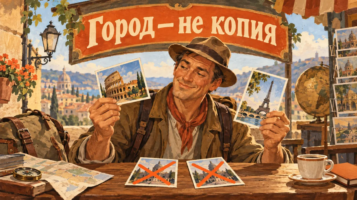 Путешественник сравнивает открытки разных городов с перечёркнутыми одинаковыми копиями; надпись «Город — не копия».