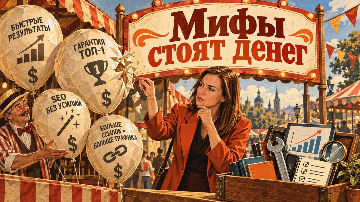 Мифы о SEO, на которые тратят деньги — иллюстрация с надписью «Мифы стоят денег»