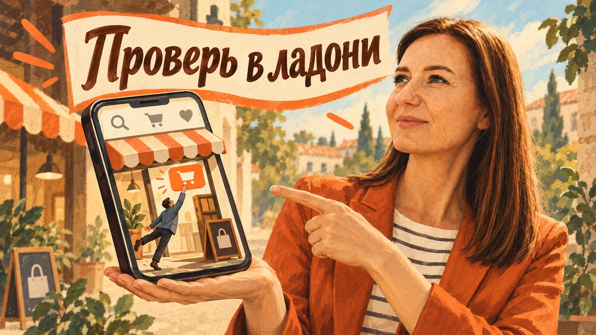 Мария держит большой телефон на ладони, миниатюрный клиент тянется к кнопке; надпись «Проверь в ладони».