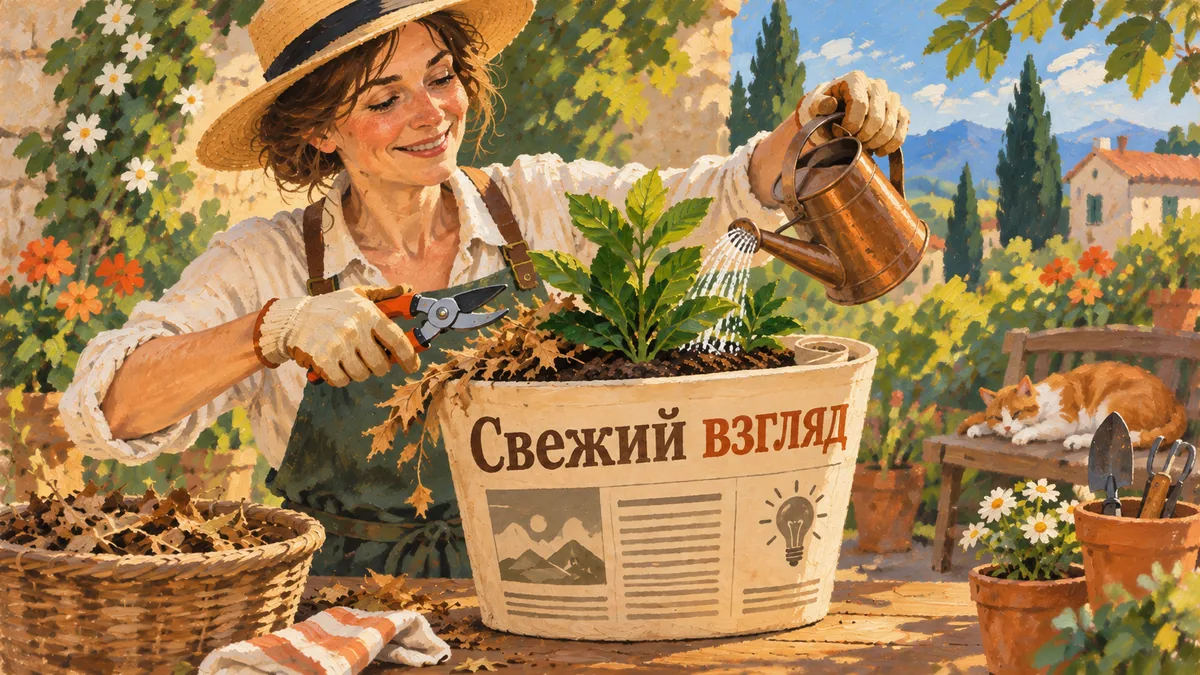 Садовница поливает свежие листья и подрезает сухие в горшке-статье; надпись «Свежий взгляд».