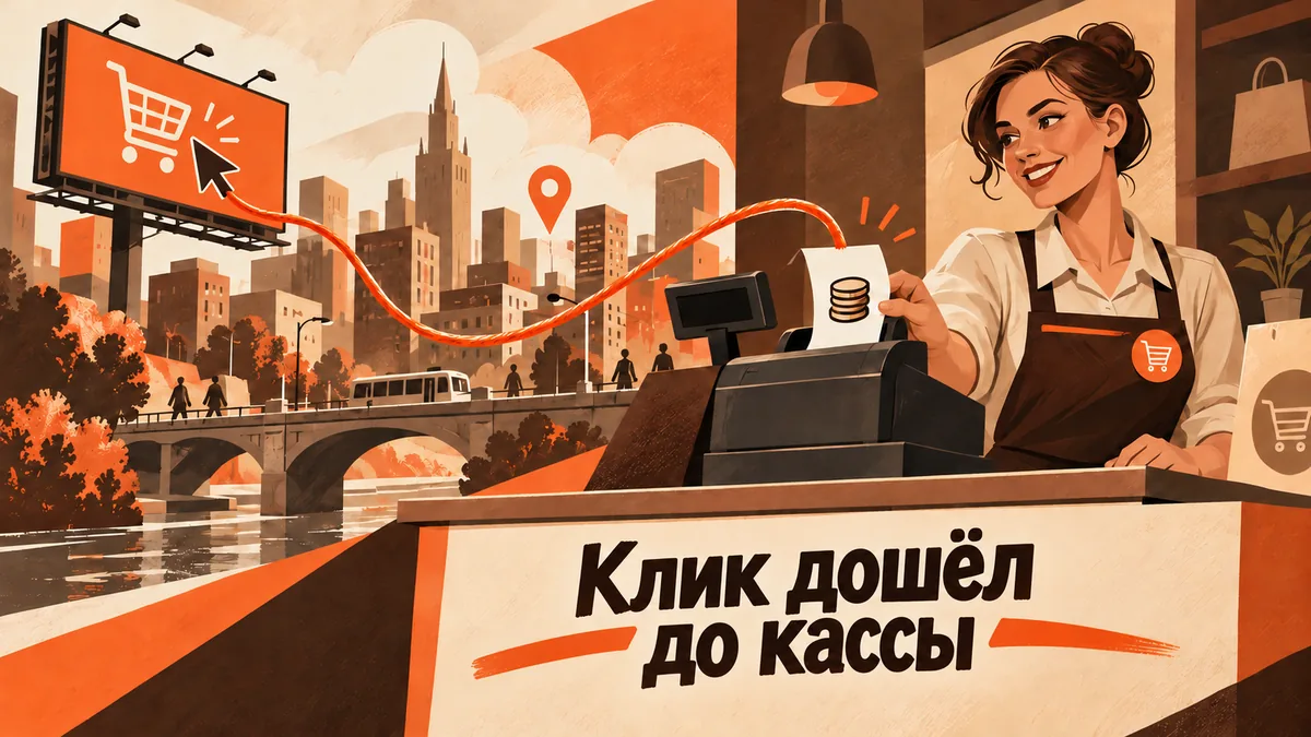Оранжевая нить ведёт от рекламного щита через город к кассе, кассир получает чек; надпись «Клик дошёл до кассы».