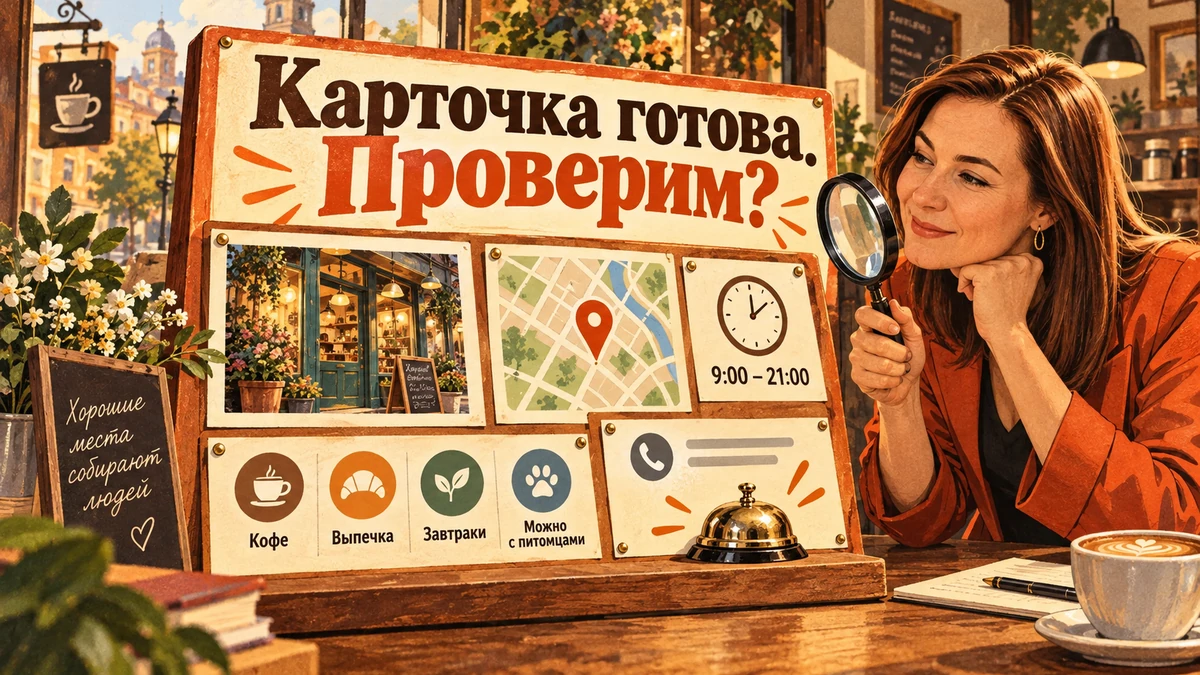 Оформление карточки в&nbsp;Яндекс Картах: что входит и&nbsp;как&nbsp;принять работу&nbsp;— иллюстрация с&nbsp;надписью «Карточка готова. Проверим?»