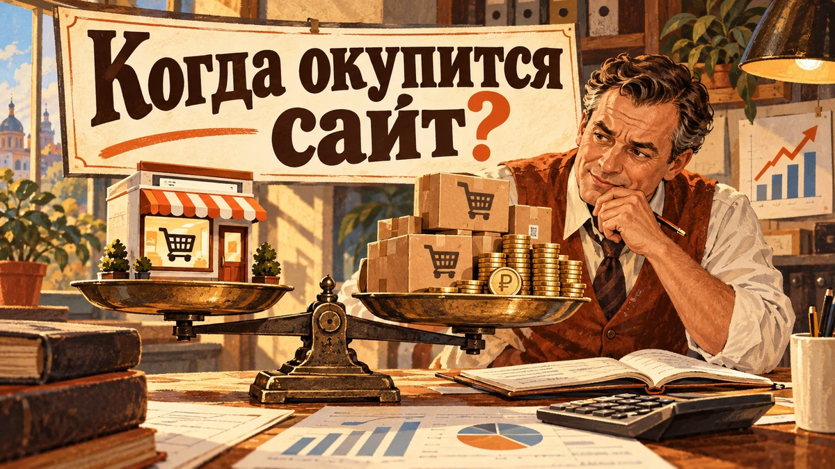 Как&nbsp;посчитать окупаемость сайта&nbsp;— иллюстрация с&nbsp;надписью «Когда окупится сайт?»