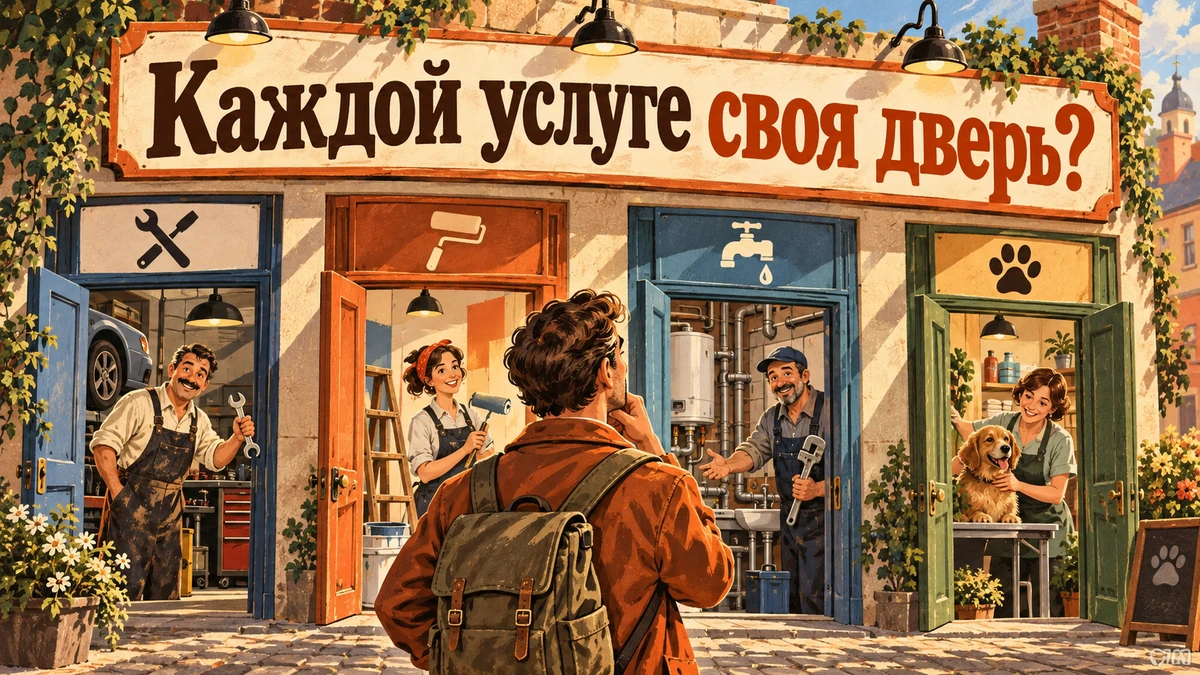 Отдельная страница под каждую услугу: когда делить — иллюстрация с надписью «Каждой услуге своя дверь?»