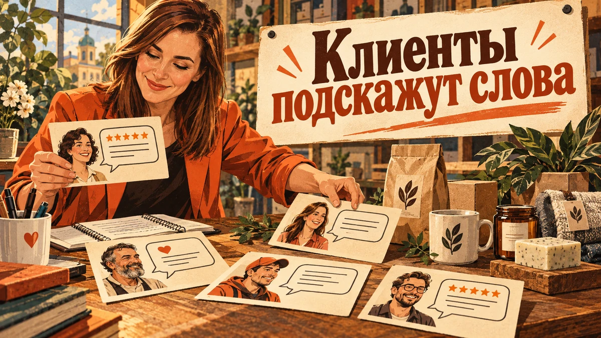 Отзывы клиентов как материал для сайта и рекламы — иллюстрация с надписью «Клиенты подскажут слова»