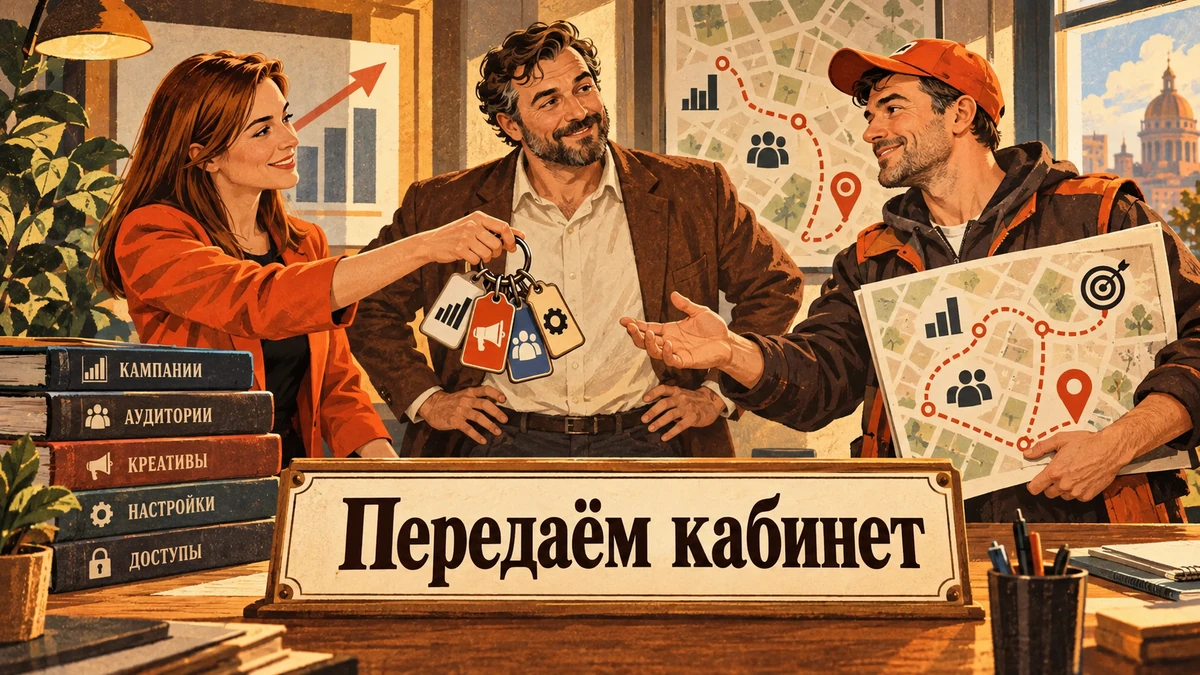 Как передать рекламный кабинет новому подрядчику — иллюстрация с надписью «Передаём кабинет»