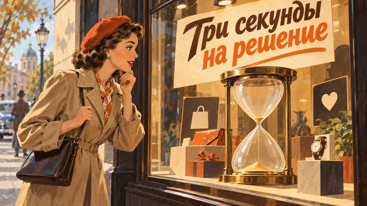 Прохожая рассматривает витрину рядом с большими песочными часами; надпись «Три секунды на решение».