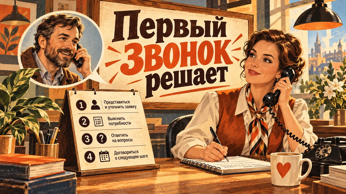 Первый звонок по заявке с сайта: план разговора — иллюстрация с надписью «Первый звонок решает»