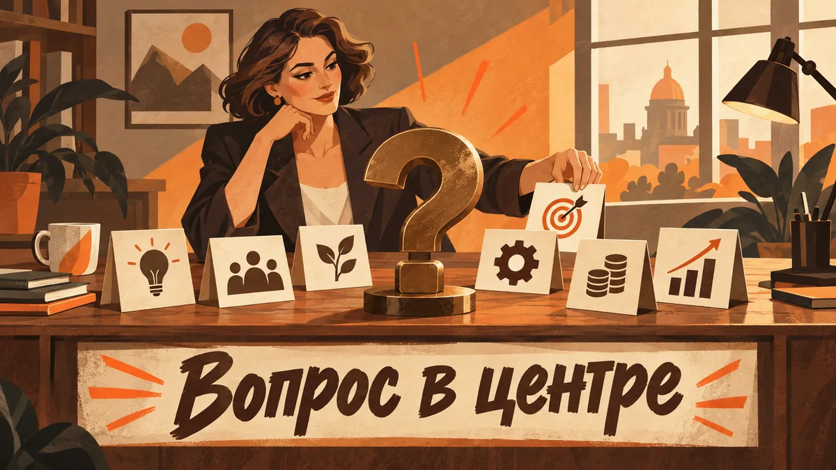 Автор раскладывает карточки разделов статьи вокруг большого вопросительного знака; надпись «Вопрос в центре».