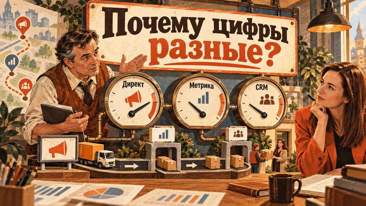 Почему цифры в&nbsp;Директе, Метрике и&nbsp;CRM не&nbsp;совпадают&nbsp;— иллюстрация с&nbsp;надписью «Почему цифры разные?»