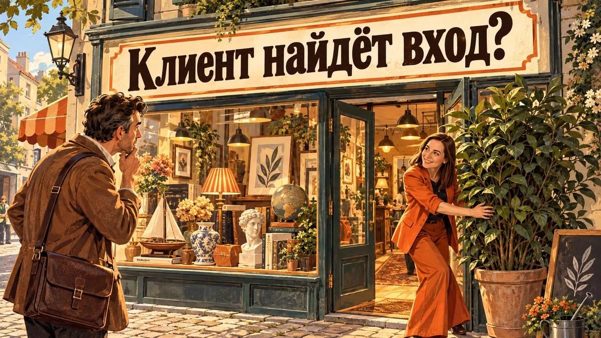 Дизайнер освобождает посетителю путь к входу в магазин.