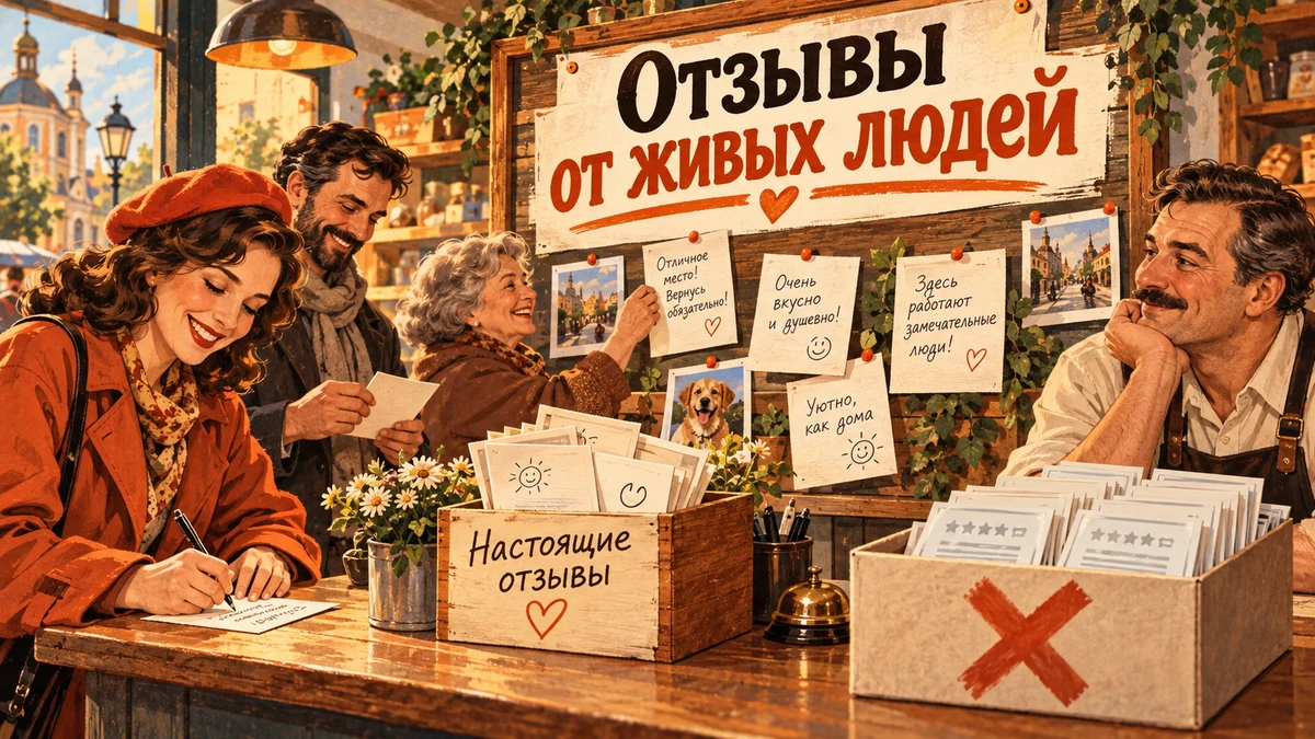 Почему нельзя покупать отзывы и&nbsp;как&nbsp;собирать настоящие&nbsp;— иллюстрация с&nbsp;надписью «Отзывы от&nbsp;живых людей»