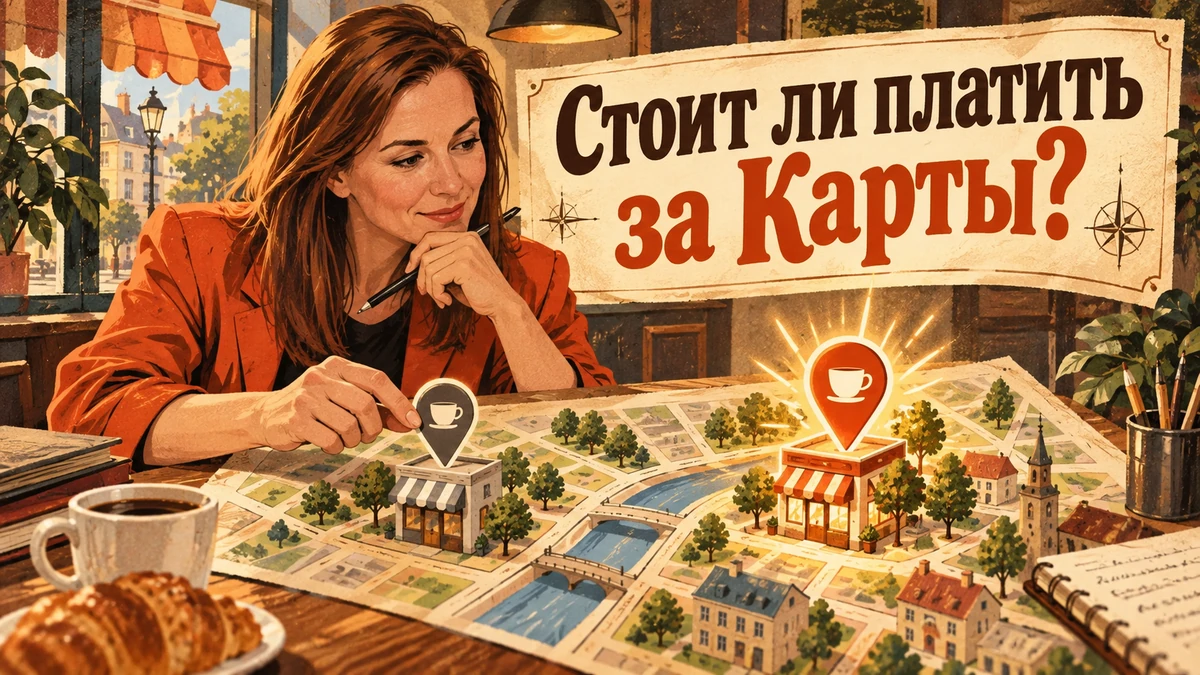 Платное продвижение в&nbsp;Яндекс Картах: когда за&nbsp;него платить&nbsp;— иллюстрация с&nbsp;надписью «Стоит&nbsp;ли платить за&nbsp;Карты?»