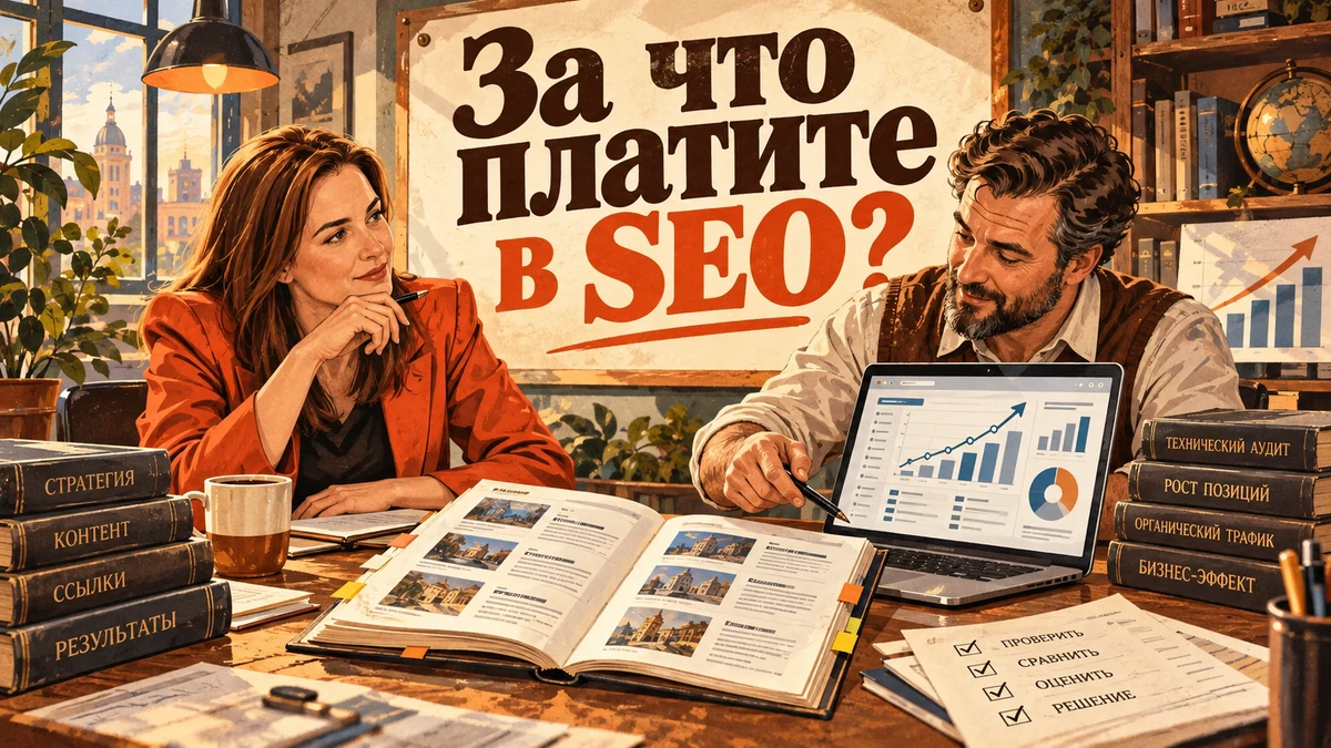 Как проверить работу SEO-подрядчика — иллюстрация с надписью «За что платите в SEO?»
