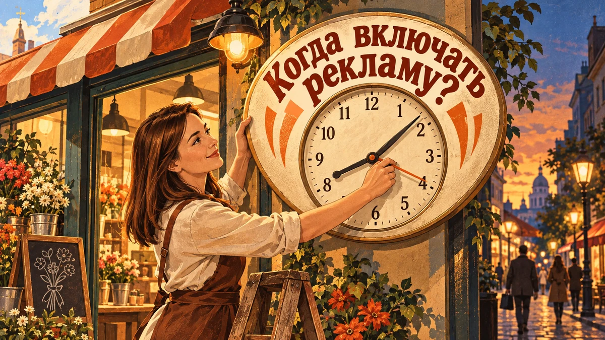 Расписание показов: когда ограничивать рекламу по&nbsp;времени&nbsp;— иллюстрация с&nbsp;надписью «Когда включать рекламу?»