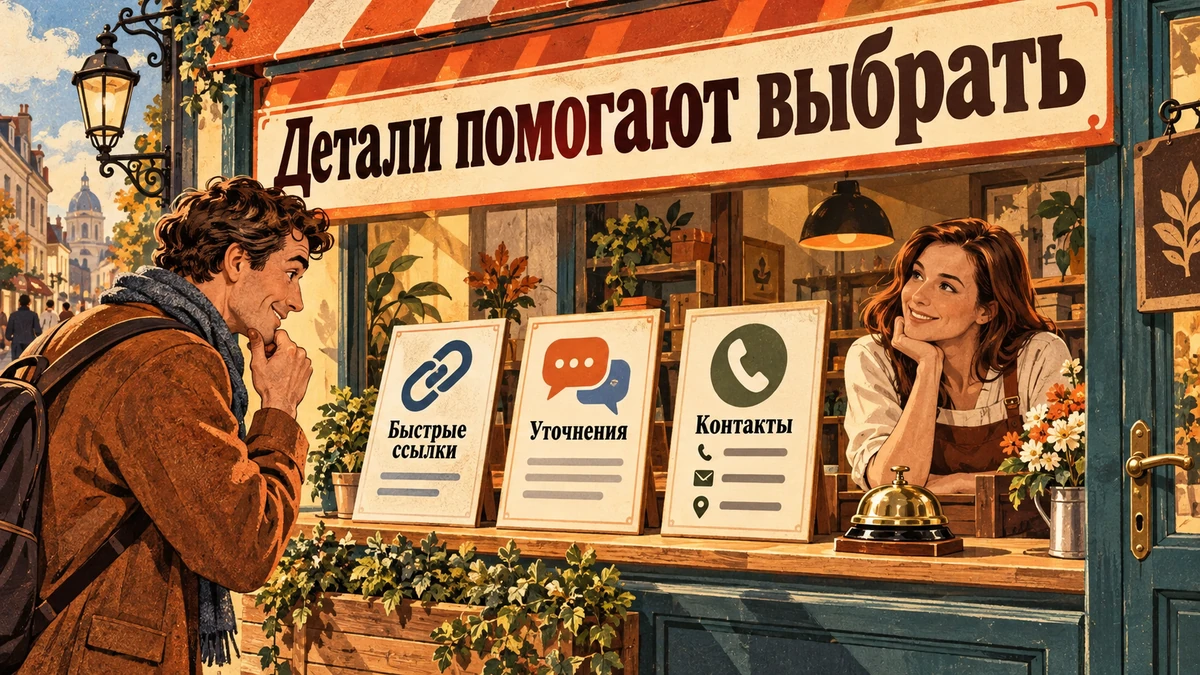Быстрые ссылки, уточнения и&nbsp;контакты: что заполнить в&nbsp;объявлении&nbsp;— иллюстрация с&nbsp;надписью «Детали помогают выбрать»