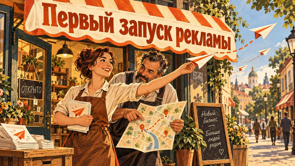 Реклама для&nbsp;нового бизнеса: чего ожидать в&nbsp;первые недели&nbsp;— иллюстрация с&nbsp;надписью «Первый запуск рекламы»