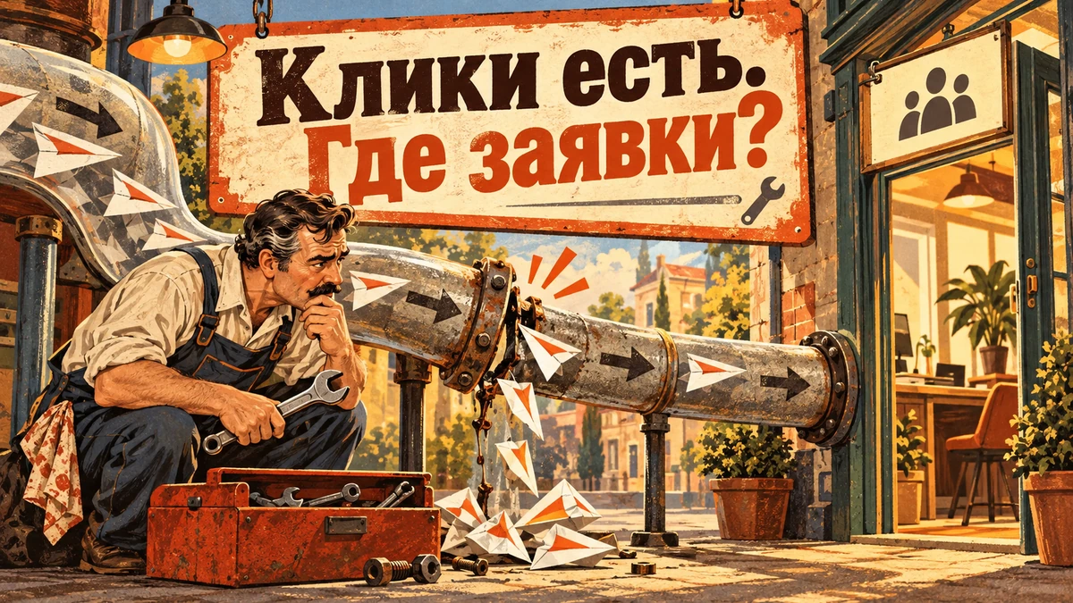 Реклама в Директе идёт, а заявок нет: где искать причину — иллюстрация с надписью «Клики есть. Где заявки?»