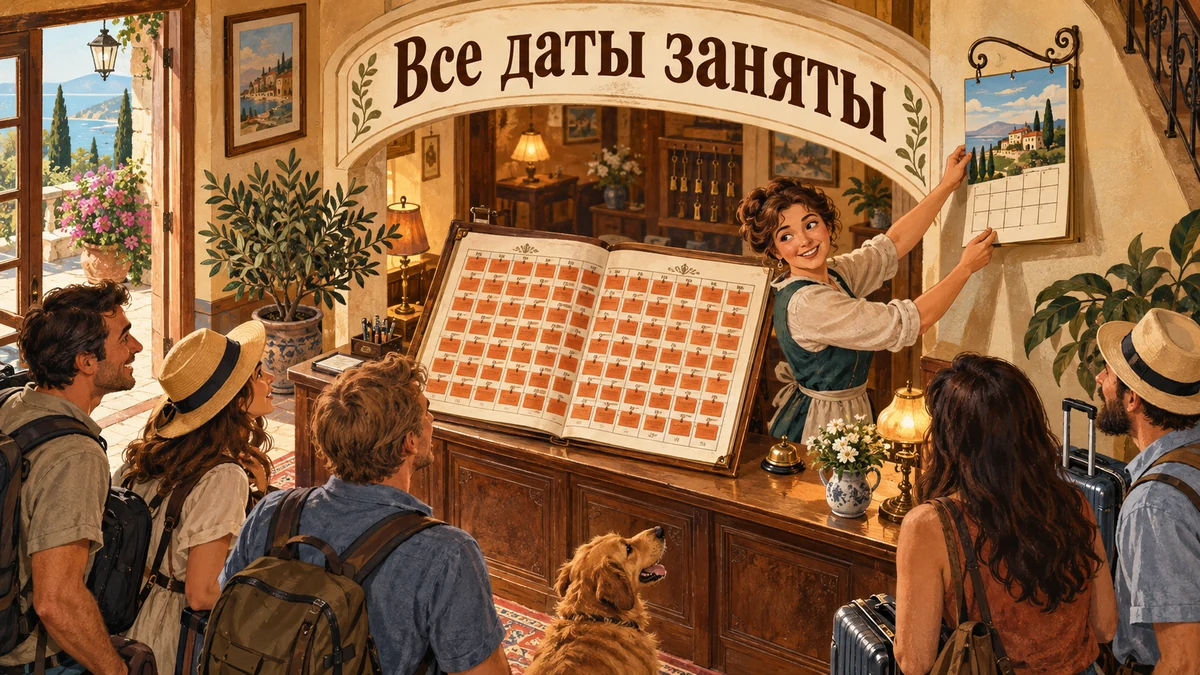 Хозяйка гостевого дома сверяет полную загрузку и будущие даты. Надпись «Все даты заняты».