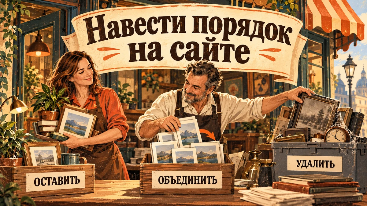 Ревизия старого сайта: что удалить, объединить, переписать — иллюстрация с надписью «Навести порядок на сайте»