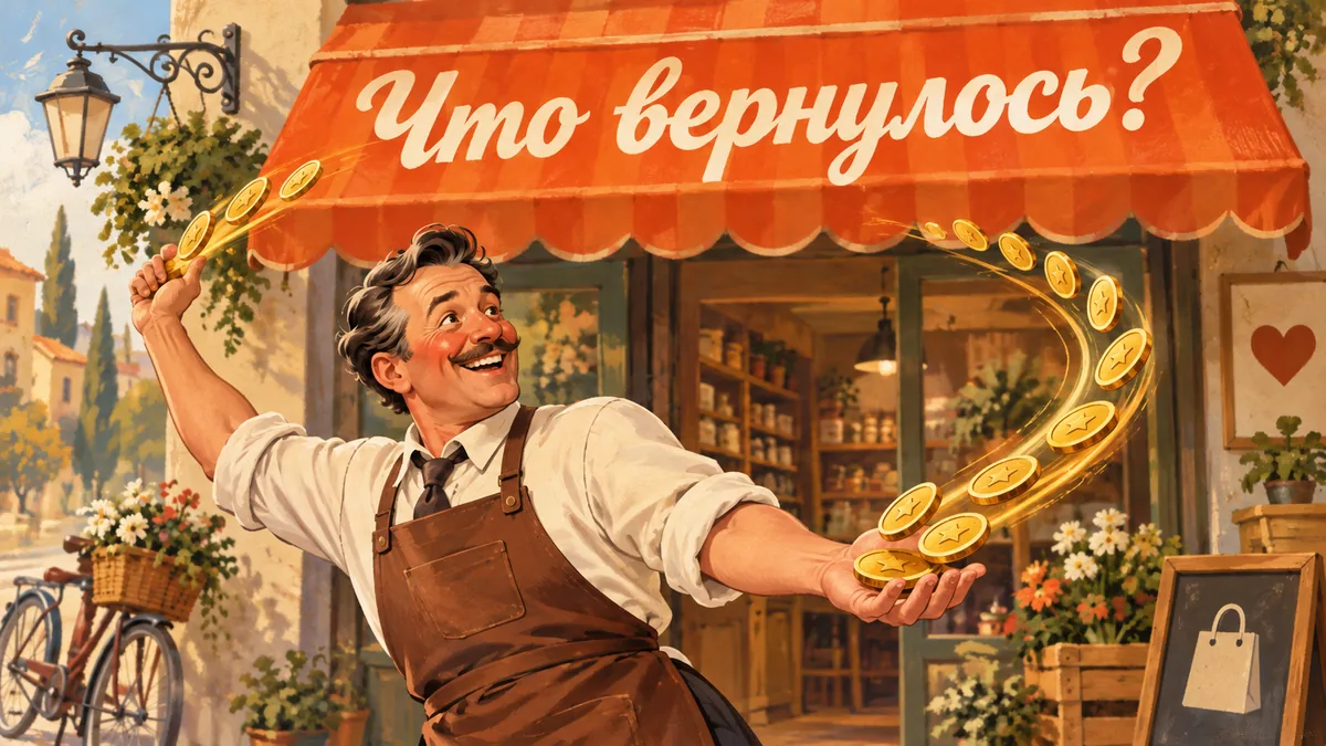 Владелец магазина ловит возвращающийся бумеранг из монет; надпись «Что вернулось?».