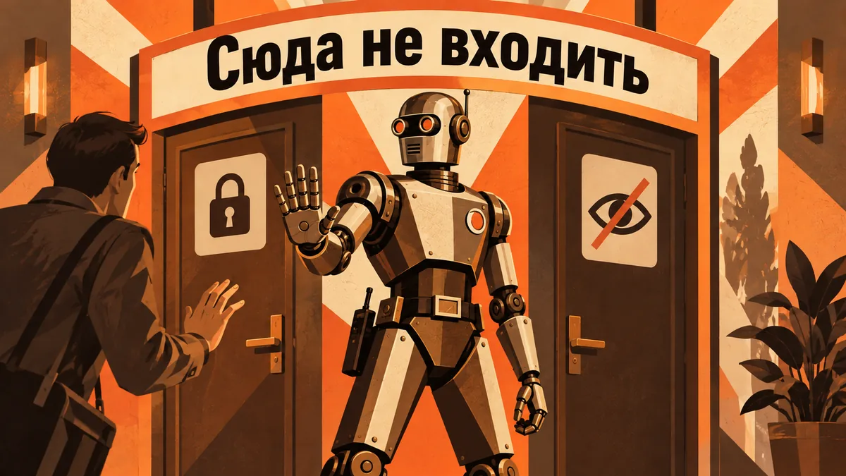 Механический робот охраняет две двери с&nbsp;замком и&nbsp;перечёркнутым глазом; надпись «Сюда не&nbsp;входить».