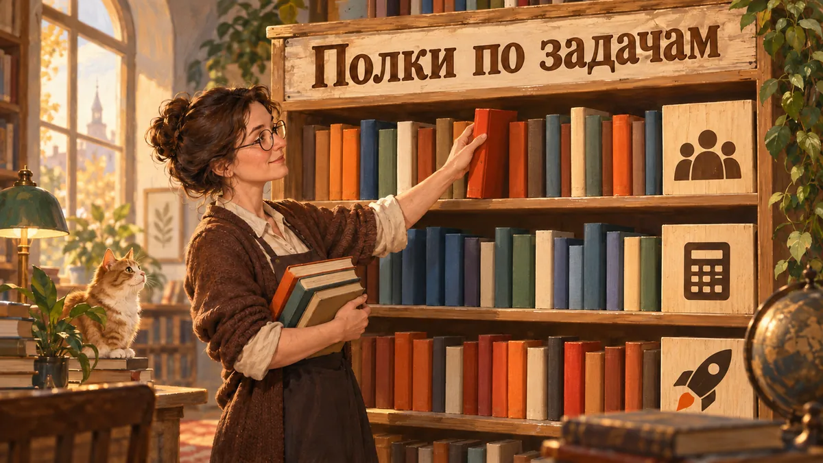 Библиотекарша расставляет книги по полкам с пиктограммами задач; надпись «Полки по задачам».