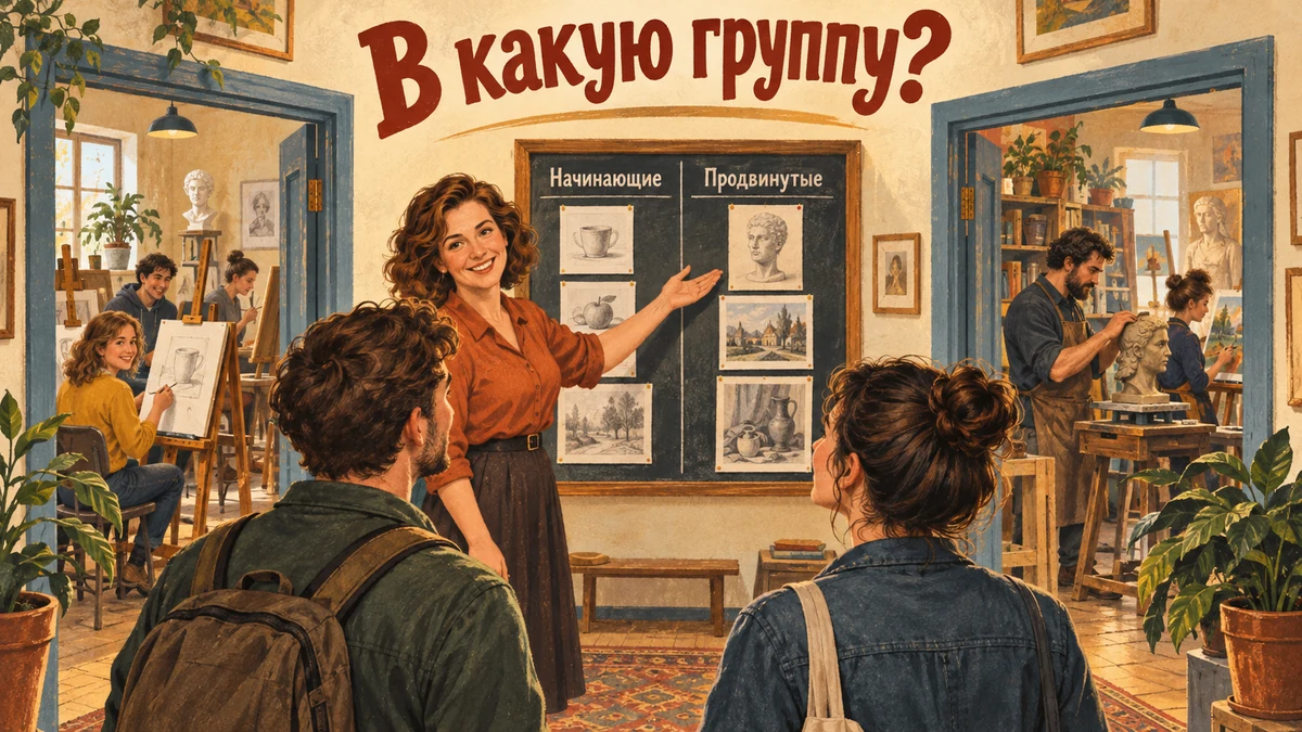 Преподаватель помогает выбрать подходящую учебную группу. Надпись «В какую группу?».