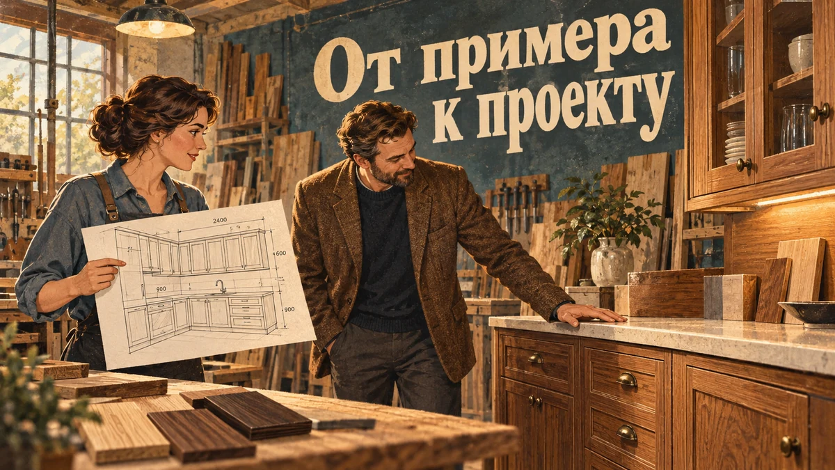 Заказчица и дизайнер сверяют пример мебели с чертежом проекта. Надпись «От примера к проекту».