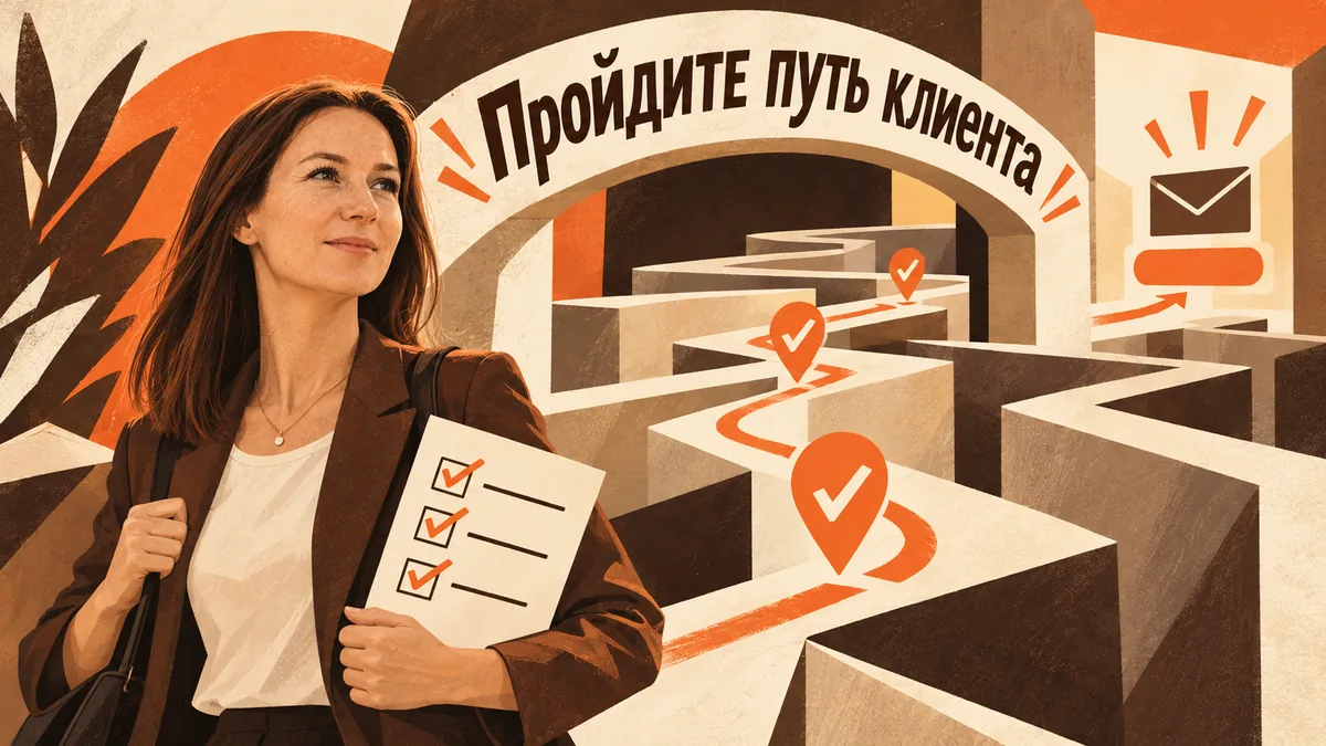 Мария проходит лабиринт сайта с чек-листом и отмечает повороты галочками; надпись «Пройдите путь клиента».