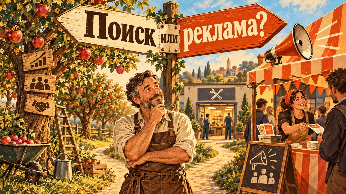 SEO или&nbsp;реклама: с&nbsp;чего начать бизнесу услуг&nbsp;— иллюстрация с&nbsp;надписью «Поиск или&nbsp;реклама?»