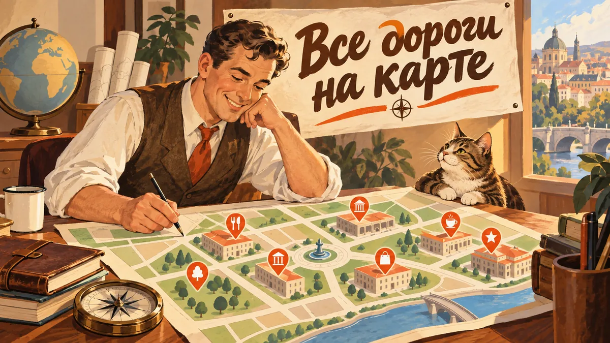 Картограф отмечает на карте города здания с пиктограммами компаний; надпись «Все дороги на карте».