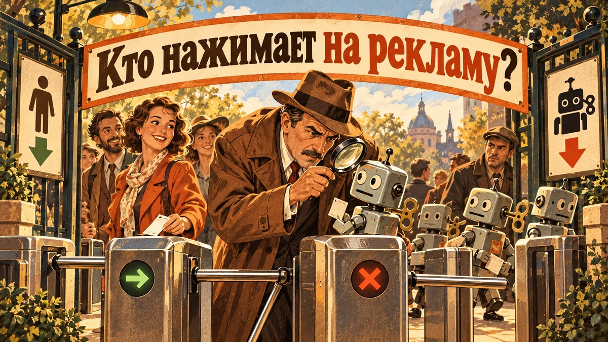Скликивание или&nbsp;неподходящий трафик: как&nbsp;отличить&nbsp;— иллюстрация с&nbsp;надписью «Кто нажимает на&nbsp;рекламу?»