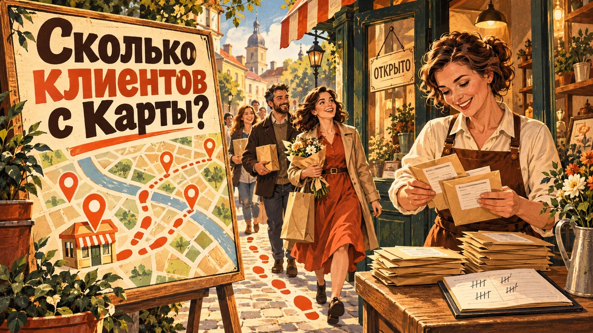 Сколько клиентов приносят Яндекс Карты: как&nbsp;оценить&nbsp;— иллюстрация с&nbsp;надписью «Сколько клиентов с&nbsp;Карты?»