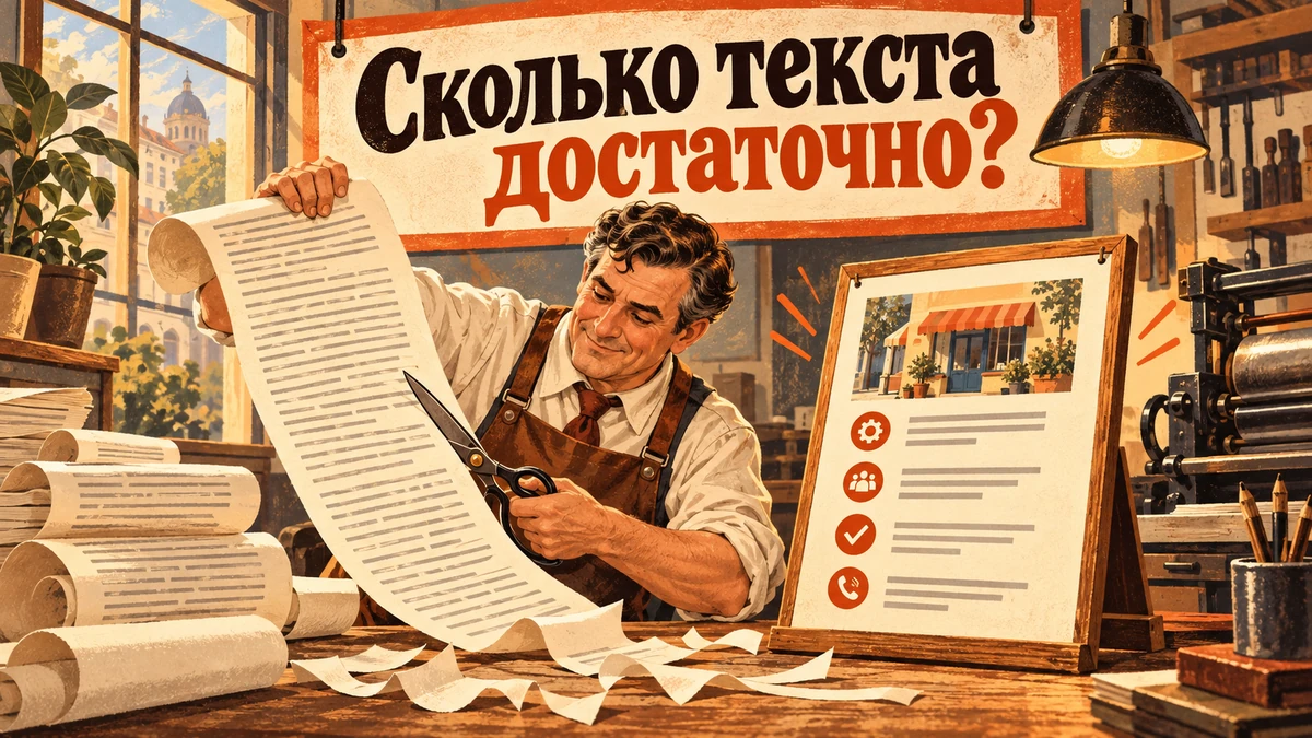 Сколько текста нужно на&nbsp;странице услуги&nbsp;— иллюстрация с&nbsp;надписью «Сколько текста достаточно?»