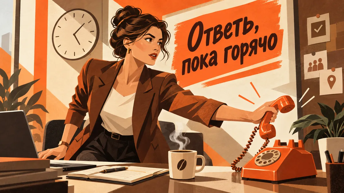 Менеджер отвечает по телефону рядом с горячим кофе и часами; надпись «Ответь, пока горячо».