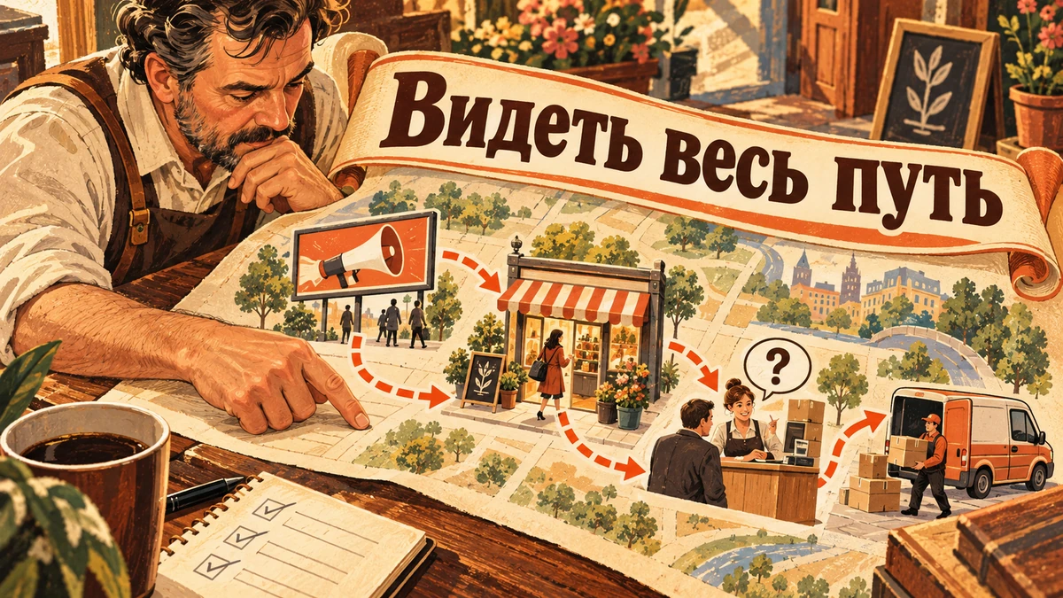 Сквозная аналитика малому бизнесу: нужна&nbsp;ли и&nbsp;чем заменить&nbsp;— иллюстрация с&nbsp;надписью «Видеть весь путь»