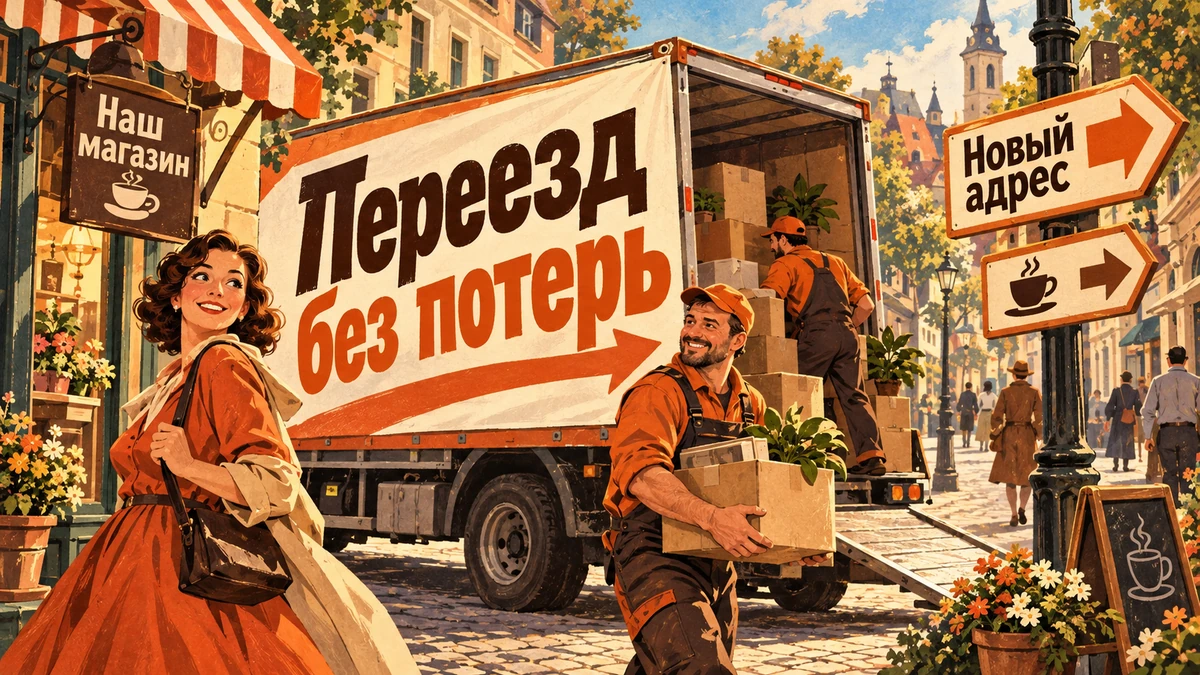 Смена домена: как&nbsp;не&nbsp;потерять посетителей&nbsp;— иллюстрация с&nbsp;надписью «Переезд без&nbsp;потерь»