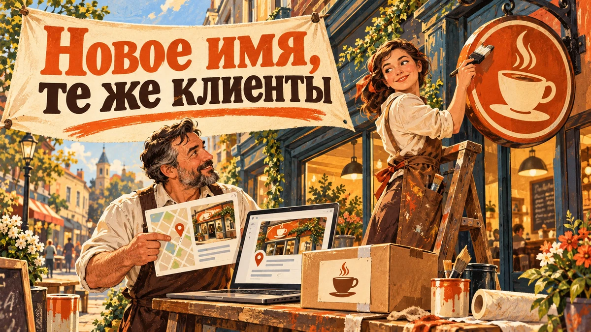 Смена названия компании: что обновить в Картах и на сайте — иллюстрация с надписью «Новое имя, те же клиенты»