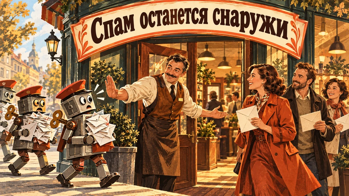 Спам-заявки с&nbsp;формы: как&nbsp;защититься и&nbsp;не&nbsp;потерять клиентов&nbsp;— иллюстрация с&nbsp;надписью «Спам останется снаружи»