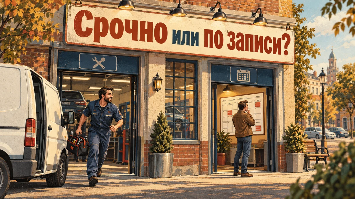Сервисная служба разделяет срочный выезд и плановую запись. Надпись «Срочно или по записи?».