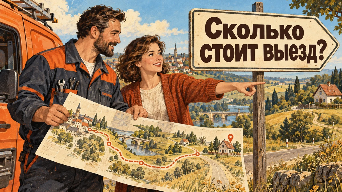 Мастер и клиентка выбирают адрес выезда на загородной карте. Надпись «Сколько стоит выезд?».