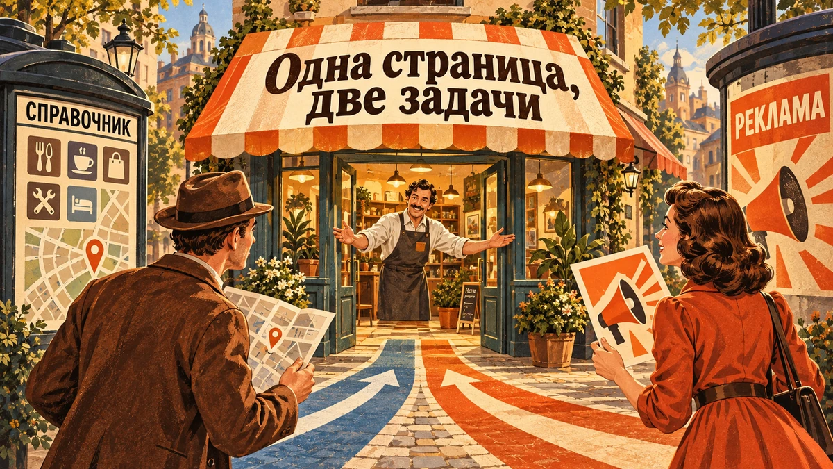 Одна страница для&nbsp;рекламы и&nbsp;поиска: можно&nbsp;ли совместить&nbsp;— иллюстрация с&nbsp;надписью «Одна страница, две задачи»