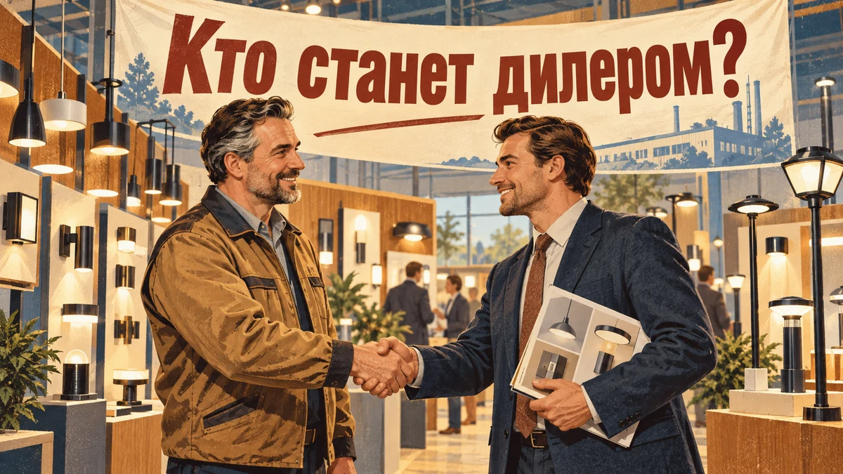 Производитель знакомится с будущим дилером в выставочном зале. Надпись «Кто станет дилером?».