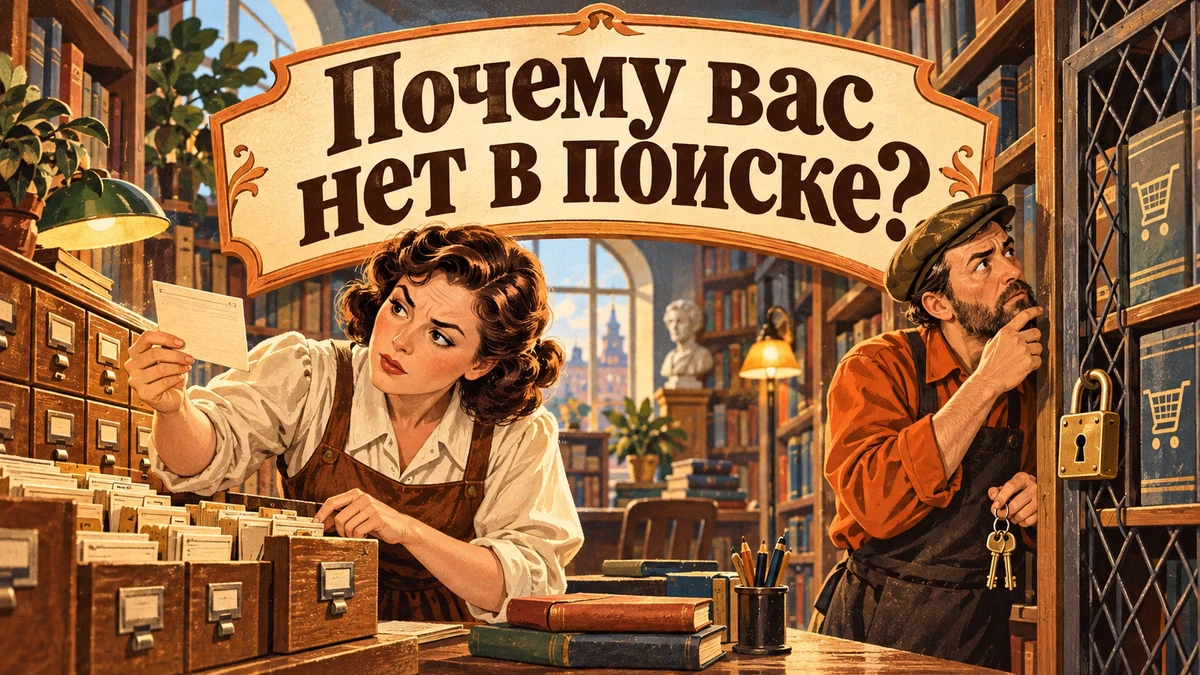 Страницы нет в поиске: как найти причину — иллюстрация с надписью «Почему вас нет в поиске?»