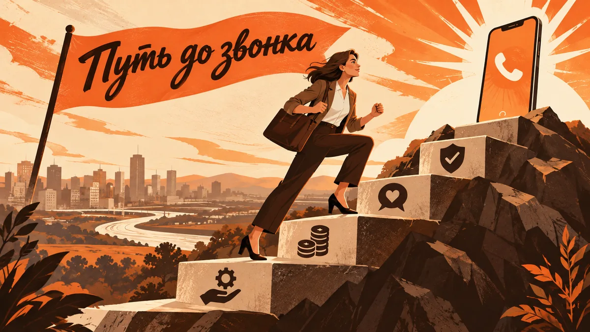 Клиентка поднимается по ступеням с пиктограммами к большому телефону; надпись «Путь до звонка».