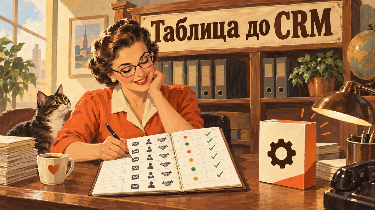 Счетовод ведёт таблицу заявок, рядом ждёт коробка будущей системы учёта; надпись «Таблица до CRM».