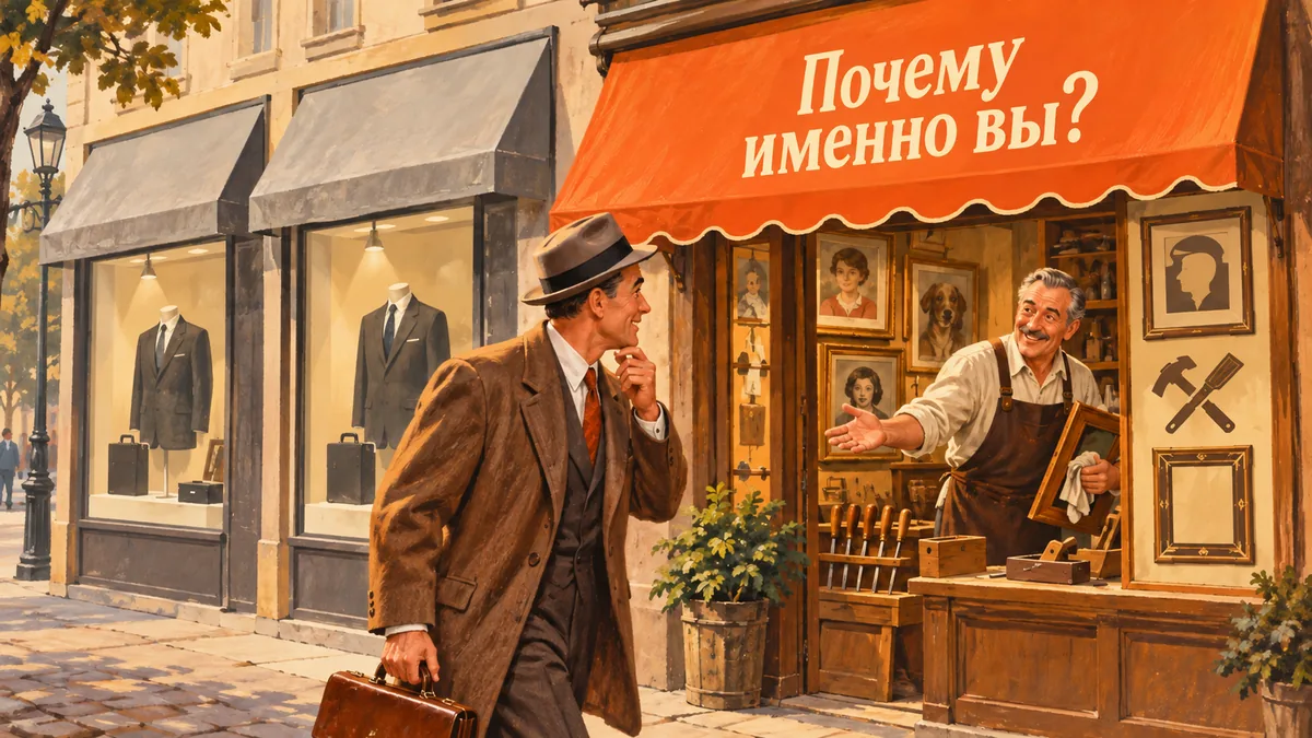 Покупатель выбирает мастерскую с работающим мастером среди одинаковых витрин; надпись «Почему именно вы?».
