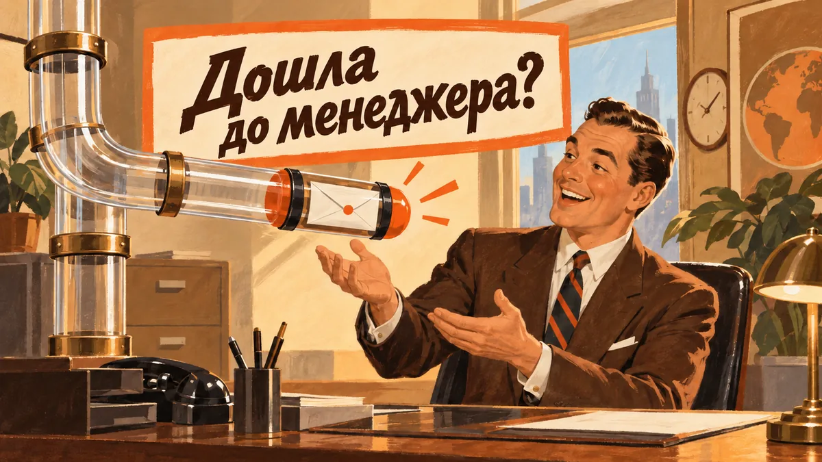 Капсула-заявка проходит по трубам пневмопочты и попадает в руки менеджеру; надпись «Дошла до менеджера?».